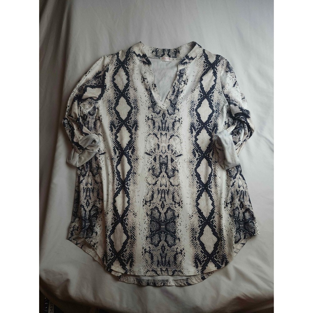Halife Snakeskin Print V-Neck Tunic Blouse Black White XL Roll Tab Sleeve